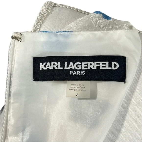 KARL LAGERFELD Floral and Polka Dot Print Dress Blue and White Scoopneck Size 6 - Picture 7 of 8